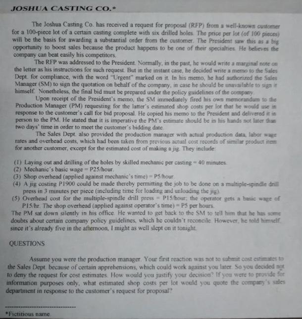 JOSHUA CASTING CO.* The Joshua Casting Co. has