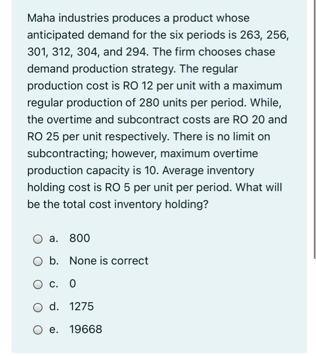 Maha industries produces a product whose