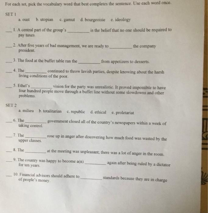 For each set, pick the vocabulary word that best