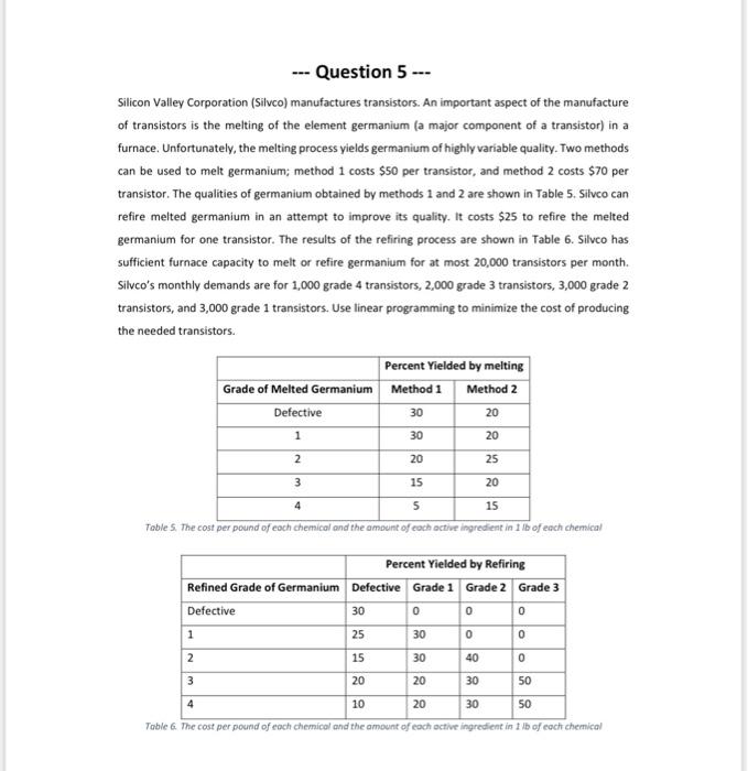 solve it with lingo code --- Question 5 - Silicon