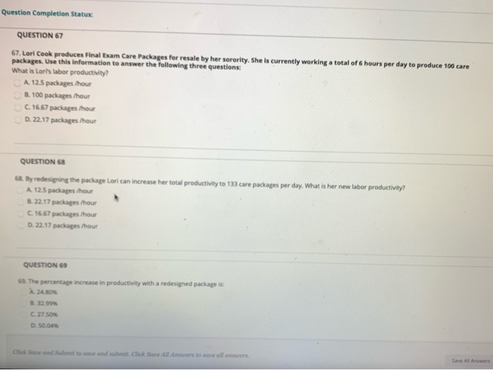 Question Completion Status: QUESTION 67 67. Lori