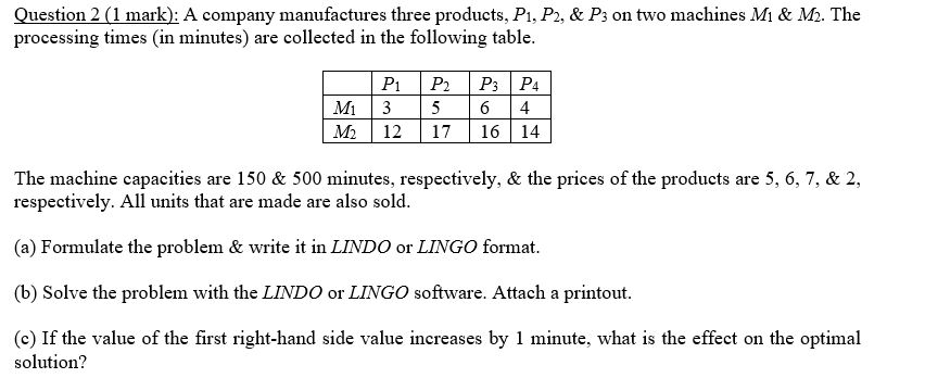 Question 2 (1 mark): A company manufactures three
