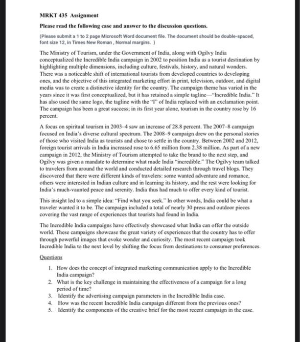 MRKT 435 Assignment Please read the following