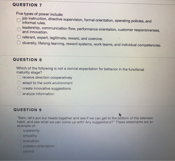 QUESTION 7 Five types of power include: job