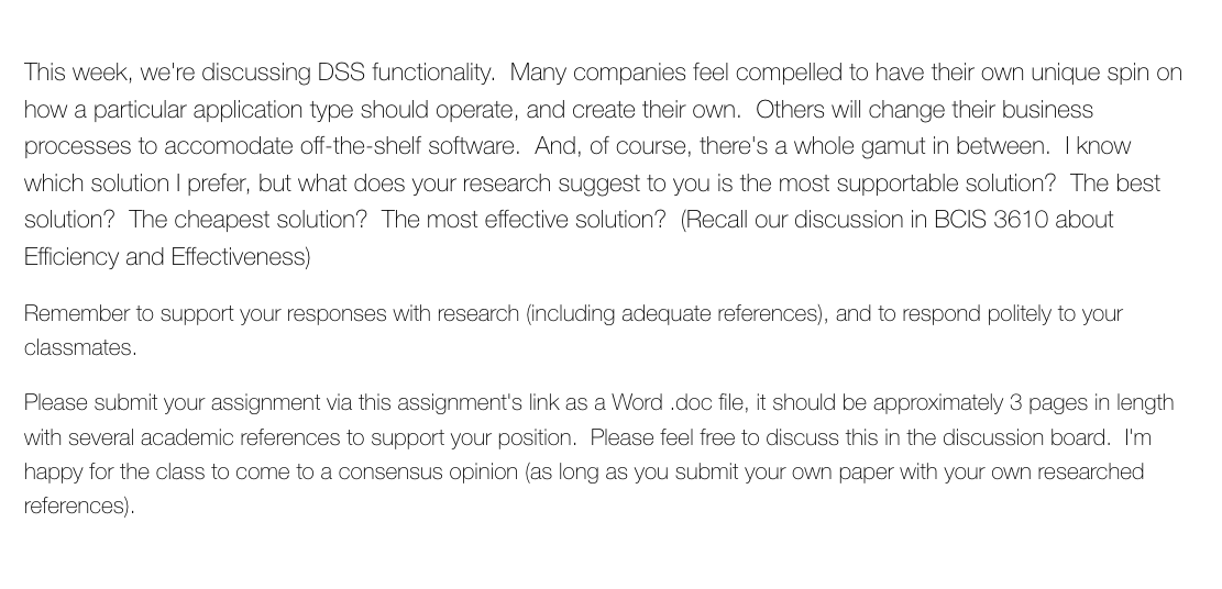 This week, we're discussing DSS functionality.