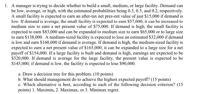 A manager is trying to decide whether to build a