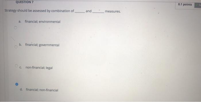 QUESTION 7 0.1 points Strategy should be assessed