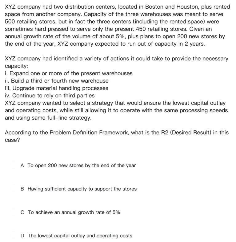 XYZ company had two distribution centers, located
