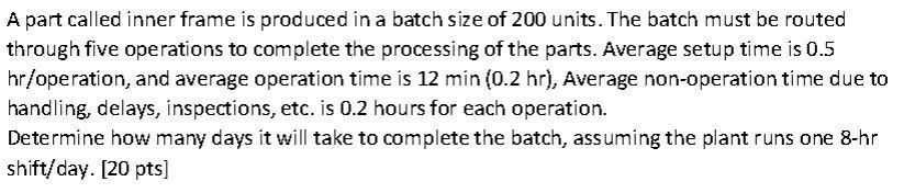 A part called inner frame is produced in a batch