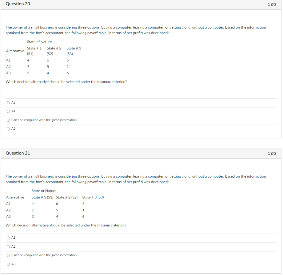 Question 20 1 pts The owner of a small business