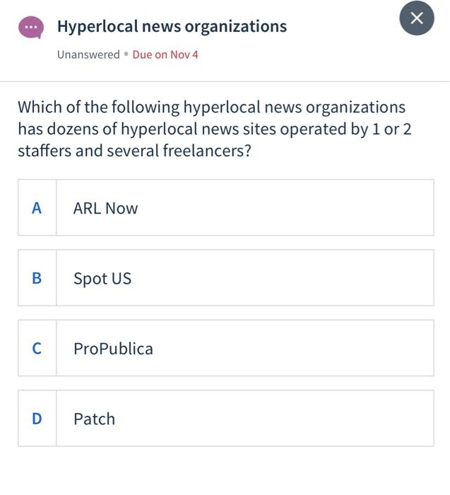 Hyperlocal news organizations Unanswered. Due on