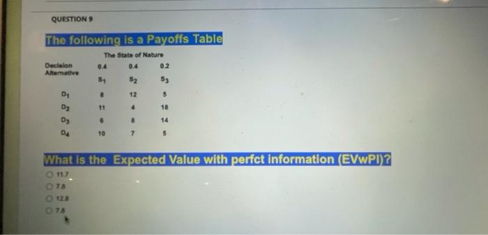 QUESTION The following is a Payoffs Table