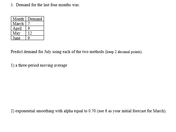 3. Demand for the last four months was: Month