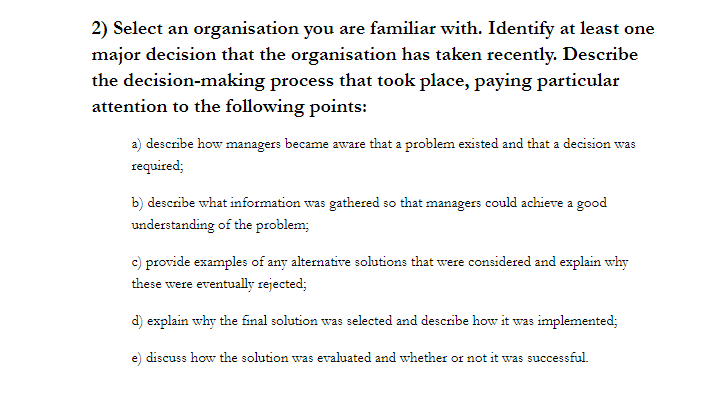 2) Select an organisation you are familiar with.