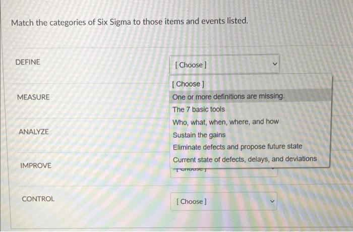 Help! Match the categories of Six Sigma to those