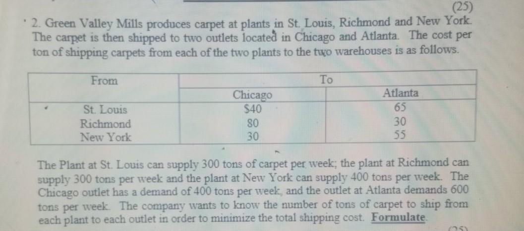 (25) 2. Green Valley Mills produces carpet at