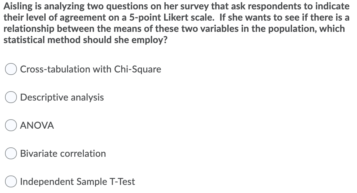Aisling is analyzing two questions on her survey