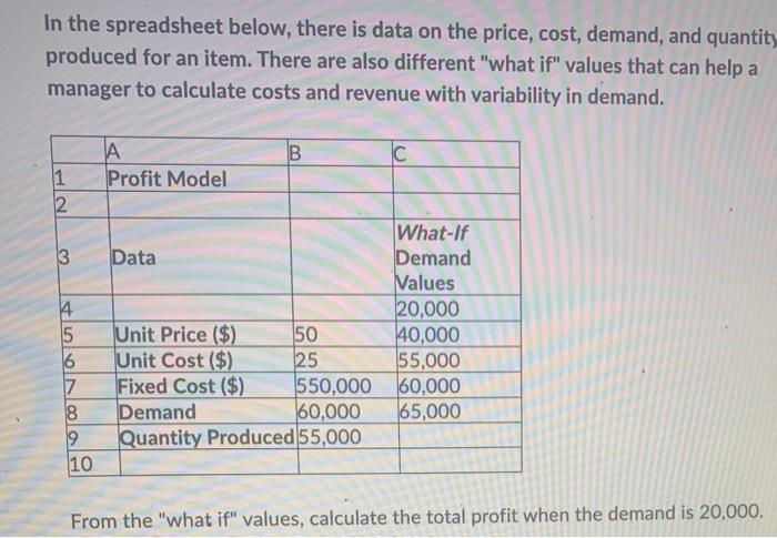 In the spreadsheet below, there is data on the