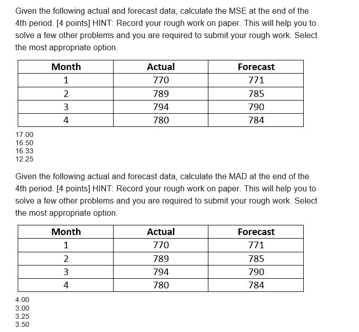 Given the following actual and forecast data,