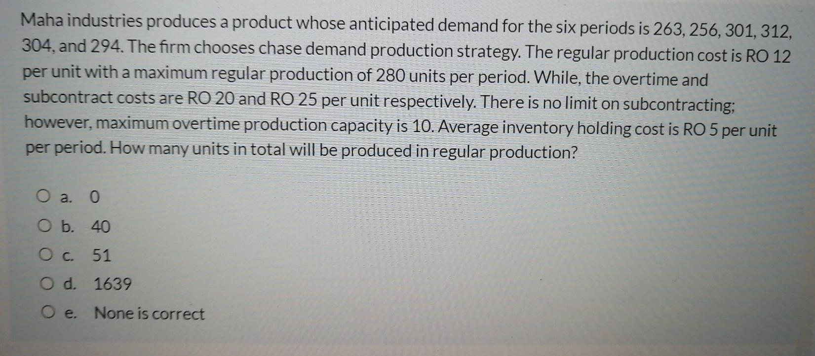 Maha industries produces a product whose