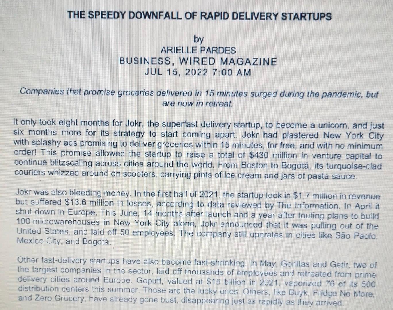 Question 5 THE SPEEDY DOWNFALL OF RAPID DELIVERY