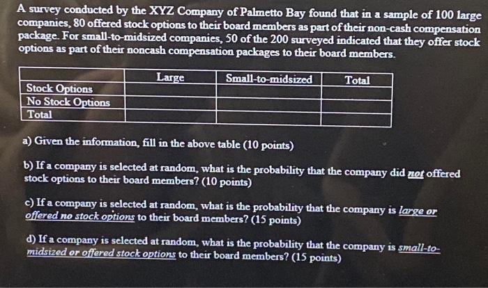 a A survey conducted by the XYZ Company of