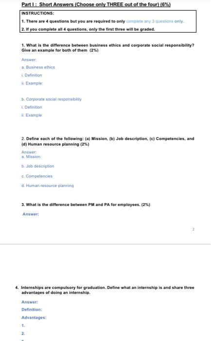 Part 1: Short Answers (Choose only THREE out of