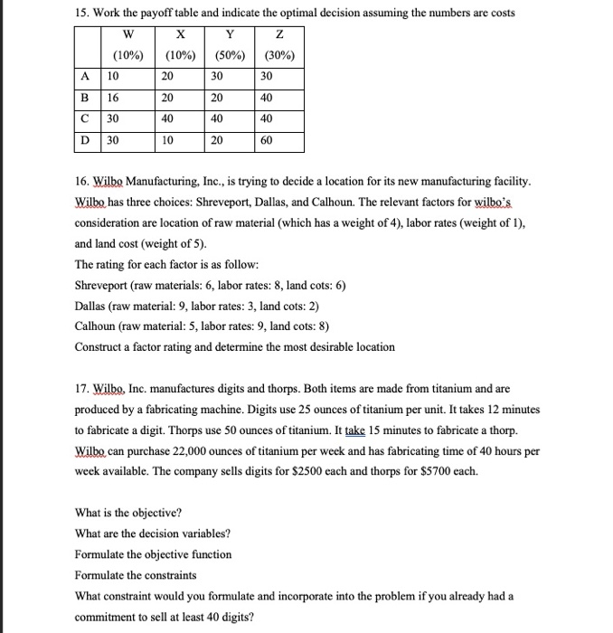 15. Work the payoff table and indicate the