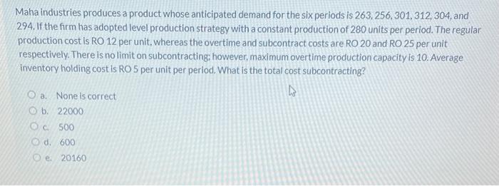 Maha industries produces a product whose