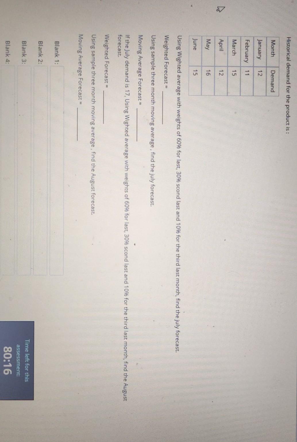 Historical demand for the product is : Month