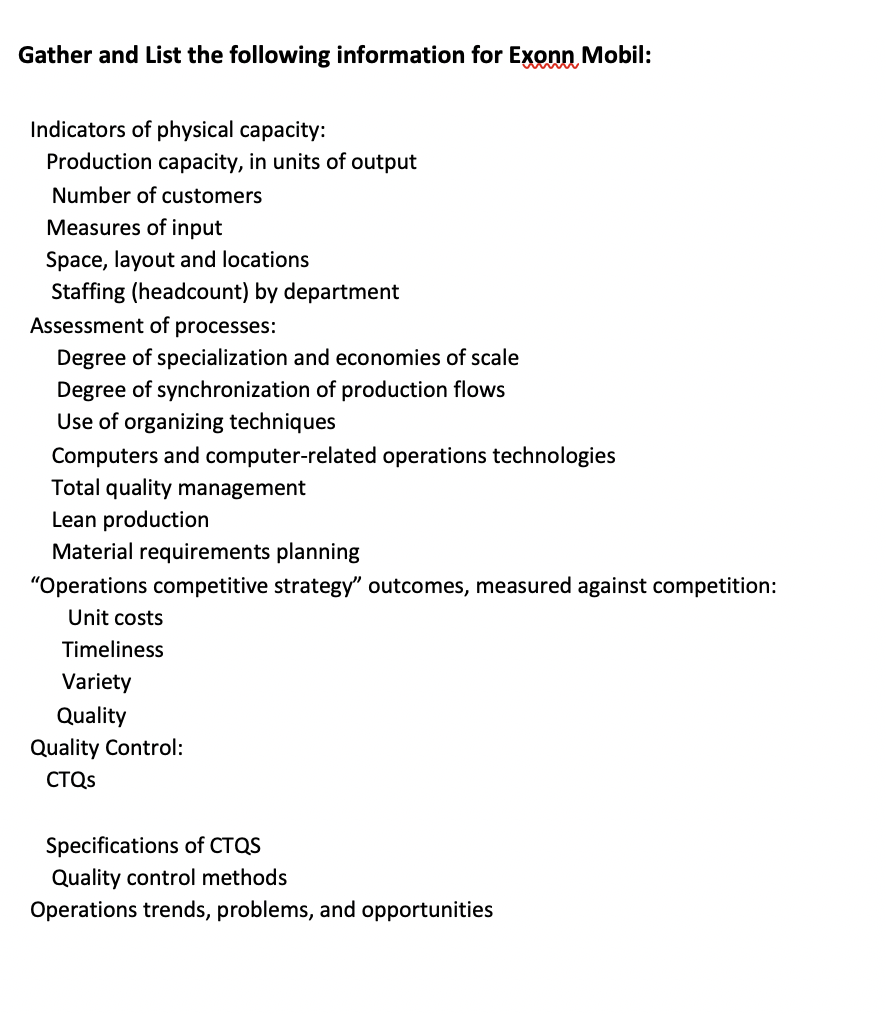 Gather and List the following information for