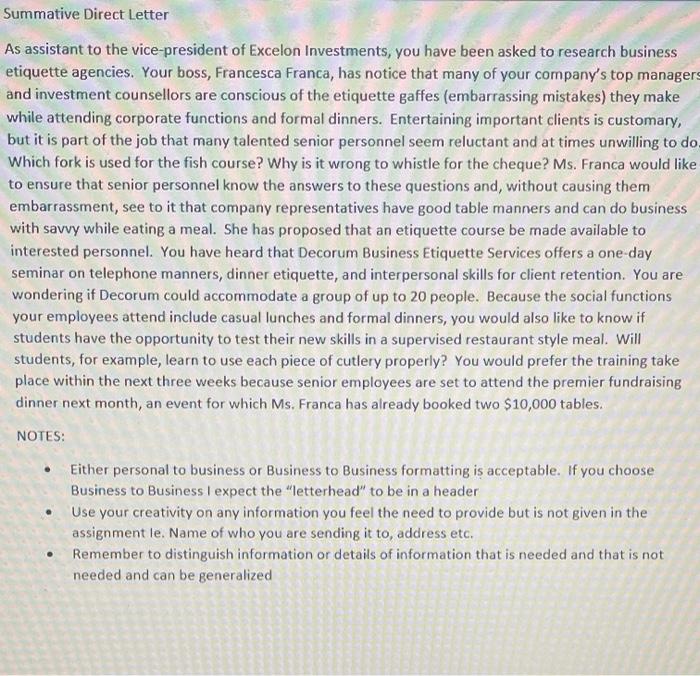 Summative Direct Letter As assistant to the