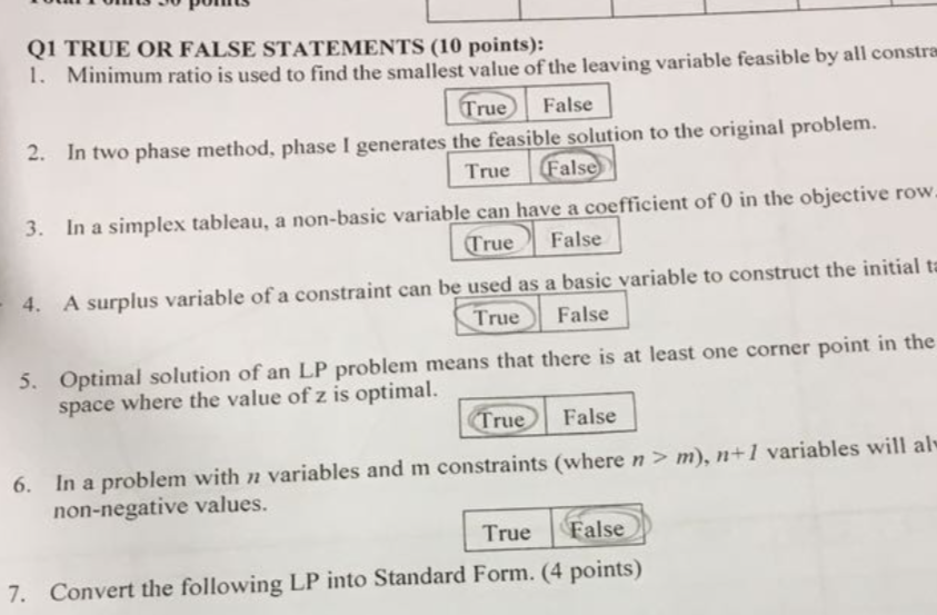 Q1 TRUE OR FALSE STATEMENTS (10 points): 1.