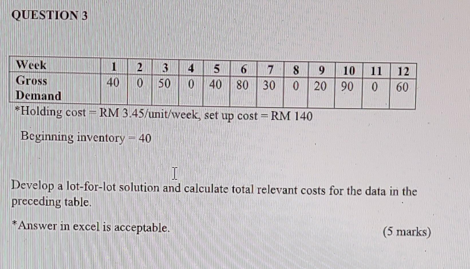 QUESTION 3 10 11 12 Week 2 3 4 5 6 7 8 9 Gross 40