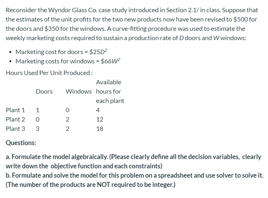 Reconsider the Wyndor Glass Co. case study