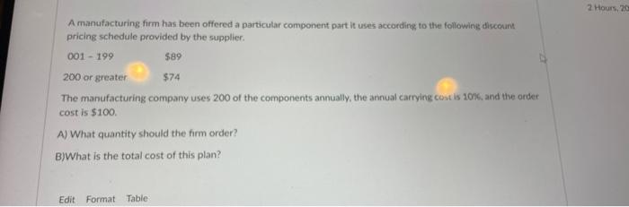 2 Hours, 20 A manufacturing firm has been offered