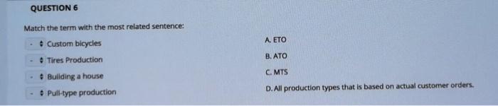 QUESTION 6 A. ETO B. ATO Match the term with the