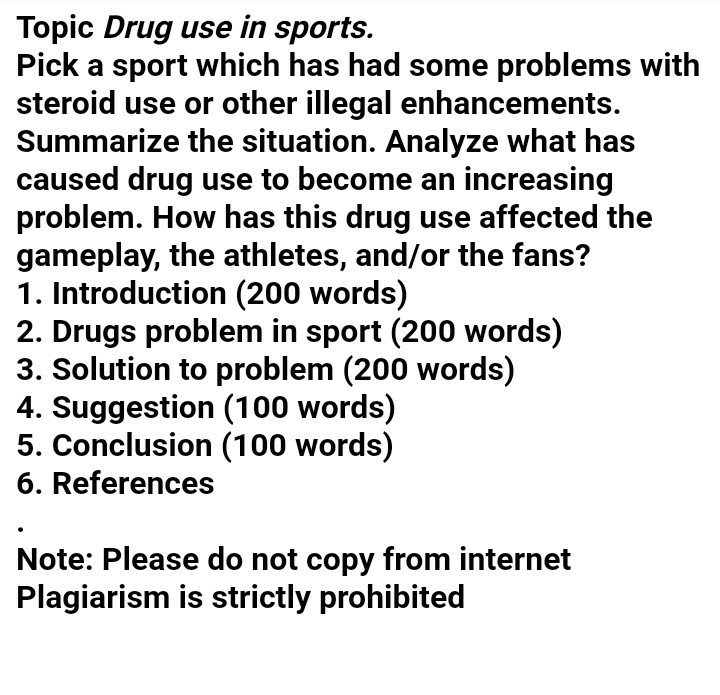Topic Drug use in sports. Pick a sport which has