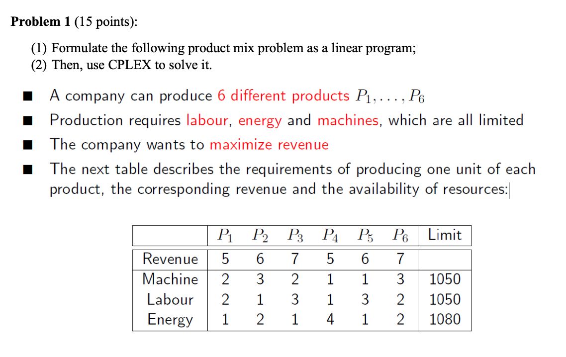 Problem 1 (15 points): (1) Formulate the