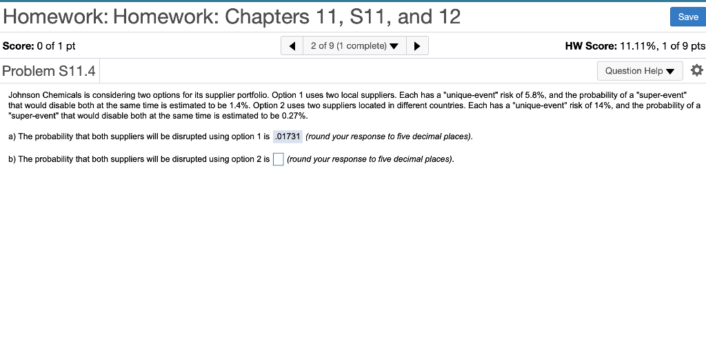 Homework: Homework: Chapters 11, S11, and 12 Save