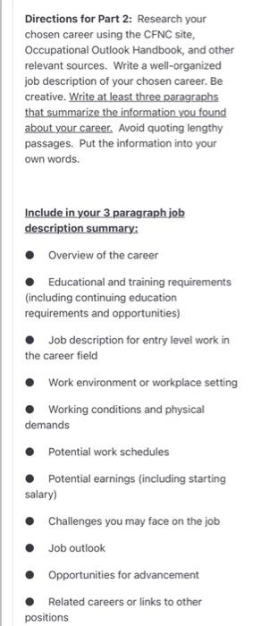 Directions for Part 2: Research your chosen