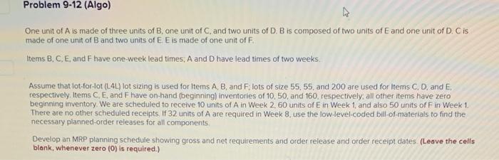 Problem 9-12 (Algo) One unit of A is made of