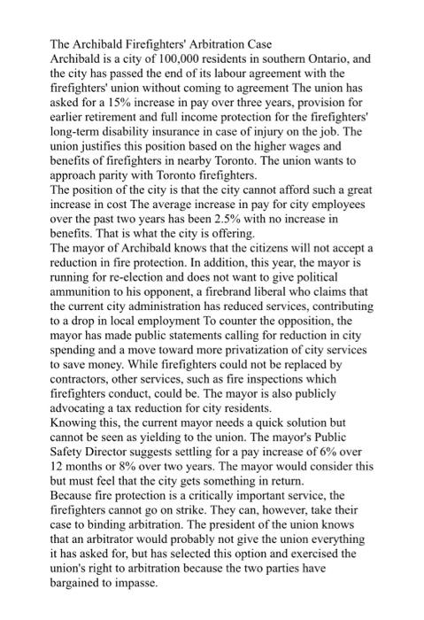 The Archibald Firefighters' Arbitration Case