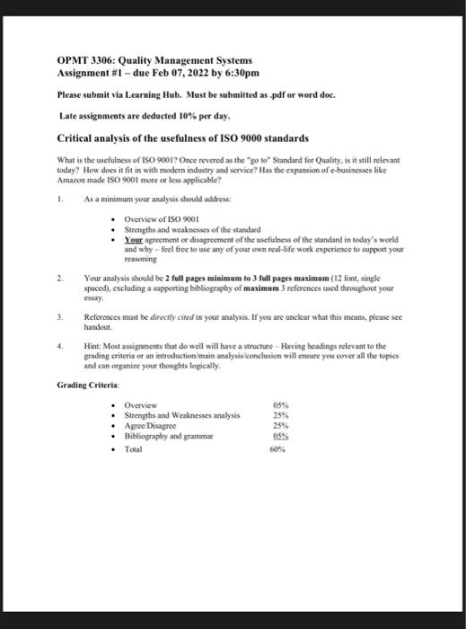 OPMT 3306: Quality Management Systems Assignment