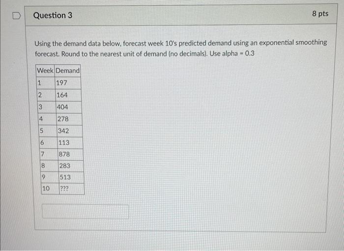 Using the demand data below, forecast week 10 's