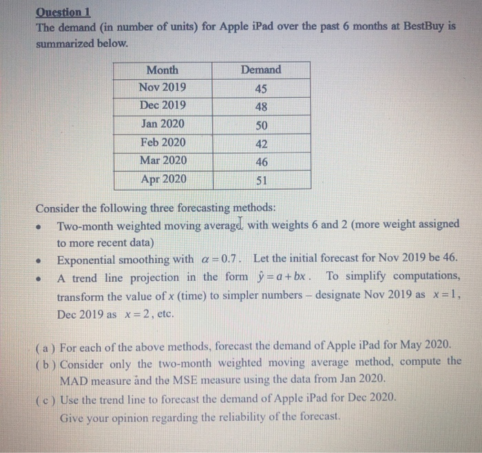 Question 1 The demand (in number of units) for