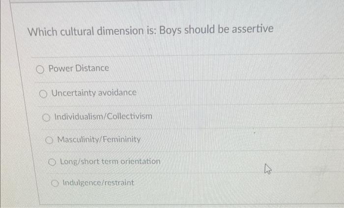 please help thank you Which cultural dimension