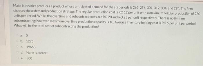 Maha industries produces a product whose