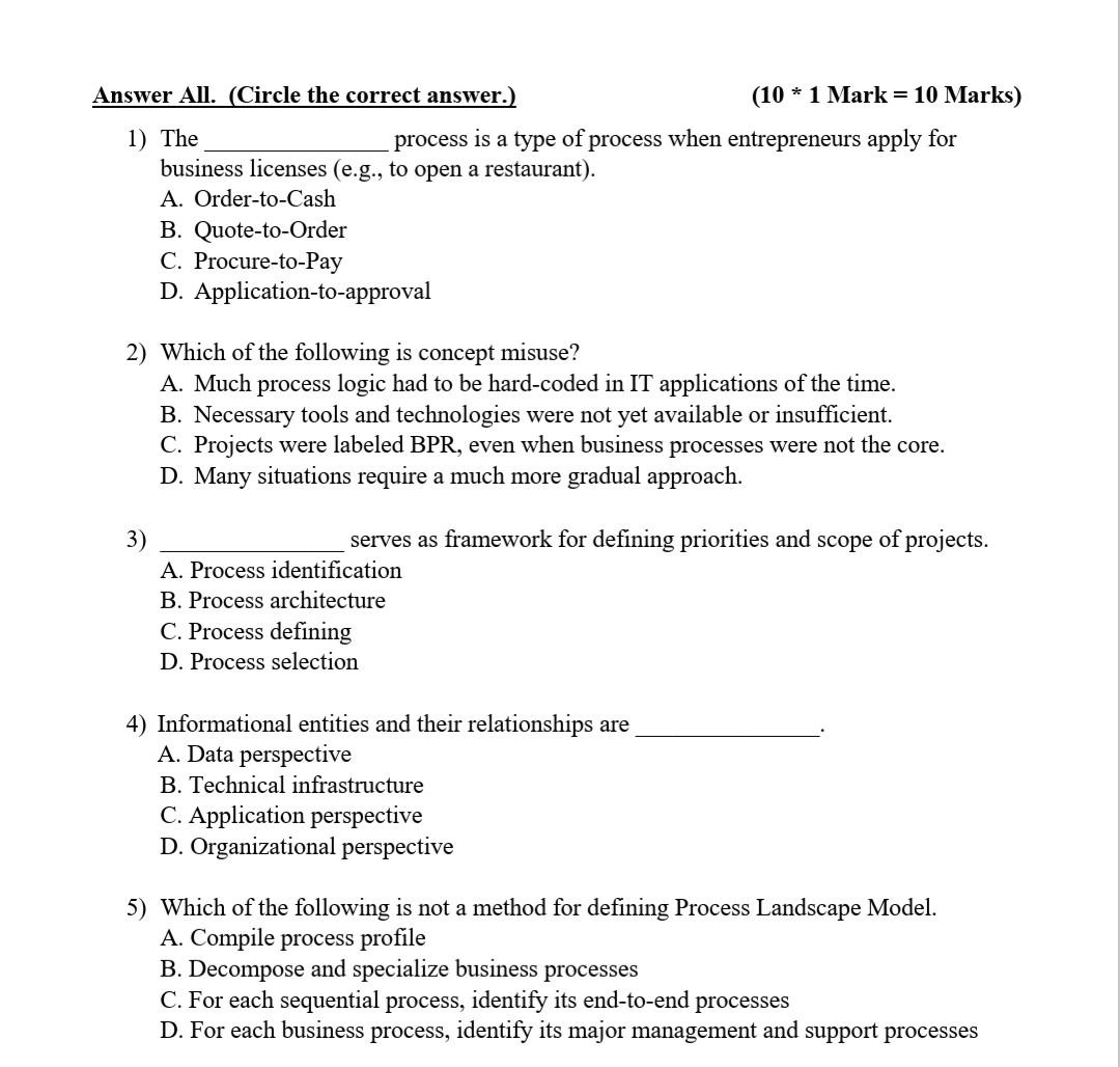 Answer All. (Circle the correct answer.) (10 * 1