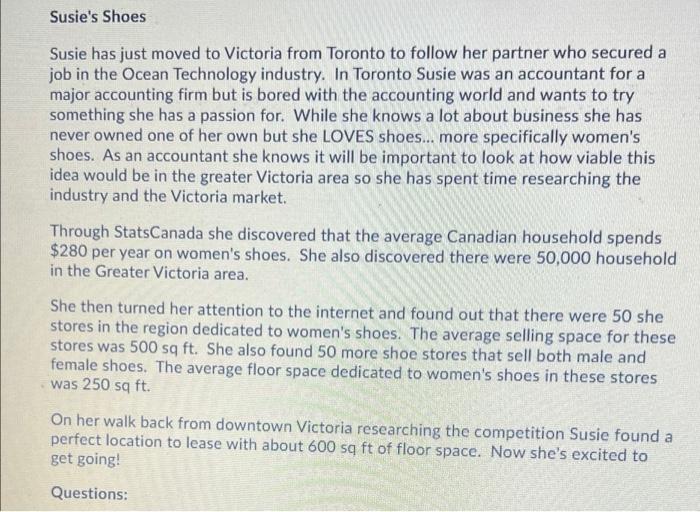 Susie's Shoes Susie has just moved to Victoria